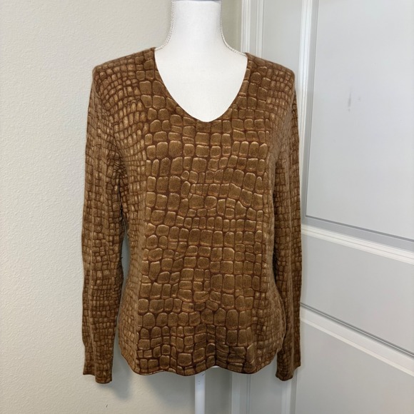 Talbots Sweaters - Talbots Cashmere Silk Blend Sweater Brown Crocodile Print V-Neck Womens Large